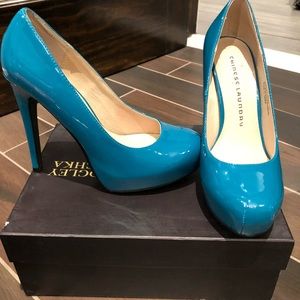 Patent leather teal heels